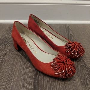 Red Suede Pom Pom Kitten Heels